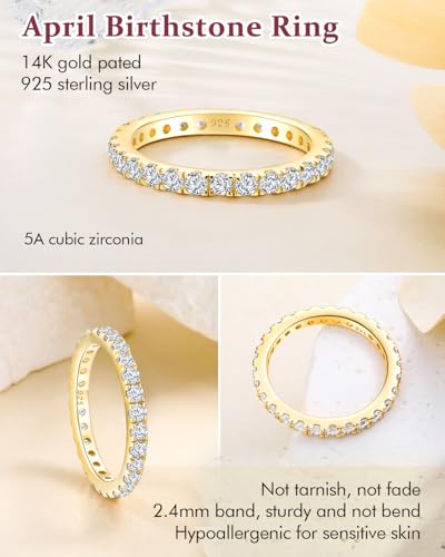 DAYBYDAY Sapphire/Emerald/Ruby Full Eternity Band Rings for Women, 2.4mm Thin Birthstone Stackable Rings, 925 Sterling Silver/14K Gold Plated Gemstone Wedding Band Anniversary Ring Size 6 to 10 - color: 04. White Cz, April, Gold Plated