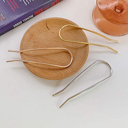 HYFEEL Metal Hair Fork 4.6 inch Simple U Shape Updo Hair Sticks Alloy Gold-plated 2 Prong Bun Hair Pins Clips Grips for Women Thick Hair Styling Tool Accessories, 3 Pack - color: Gold, Rose Gold, Silver - 3 Pieces