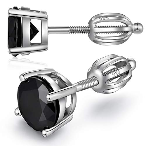 Stud Earrings with Screw Back, 925 Sterling Silver Cubic Zirconia Round Cut/Square Cut Stud Earrings for Women and Men, Long & Thick Post, 4MM-8MM - color: F-Crown-Round-Black, size: 7MM
