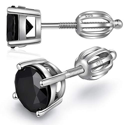 Stud Earrings with Screw Back, 925 Sterling Silver Cubic Zirconia Round Cut/Square Cut Stud Earrings for Women and Men, Long & Thick Post, 4MM-8MM - color: F-Crown-Round-Black, size: 7MM