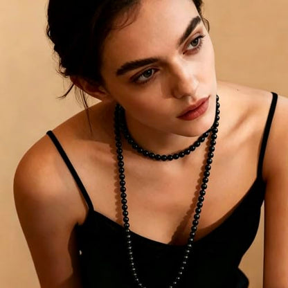 SukAmi 150cm Long Multi Strand Black Crystal Bead Necklace, 8mm Round Smooth Glossy Black Pearl Sweater Chain, Elegant Layered Endless Beaded Necklace Statement Fashion Jewelry for Women for Wedding Party Jewelry Gift