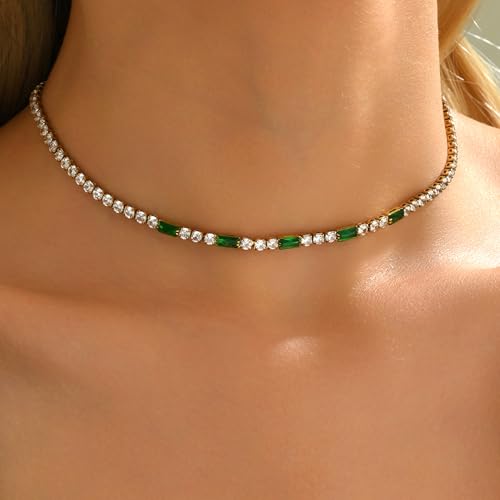 Tennis Necklaces for Women 18K Gold Plated White Red Green Blue Cubic Zirconia Necklaces Dainty Rhinestone Choker Necklaces Trendy Faux Diamond Tennis Chain 3mm - color: Green Tennis Choker-Gold