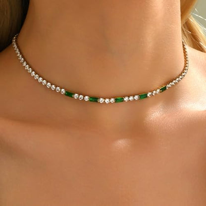 Tennis Necklaces for Women 18K Gold Plated White Red Green Blue Cubic Zirconia Necklaces Dainty Rhinestone Choker Necklaces Trendy Faux Diamond Tennis Chain 3mm - color: Green Tennis Choker-Gold