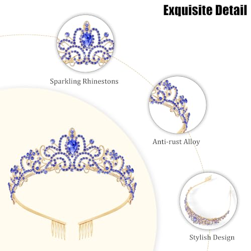 TAROSE Tiaras for Women, Birthday Crown and Sash for Girls | Birthday Sash Sunglasses Outfit, Birthday Gift for Women Girls, Goddess Crown Bride/Halloween/Prom/Party/Costume - color: 1 F. Gold+royal Blue