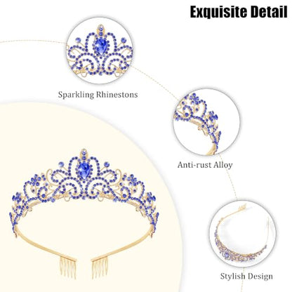 TAROSE Tiaras for Women, Birthday Crown and Sash for Girls | Birthday Sash Sunglasses Outfit, Birthday Gift for Women Girls, Goddess Crown Bride/Halloween/Prom/Party/Costume - color: 1 F. Gold+royal Blue