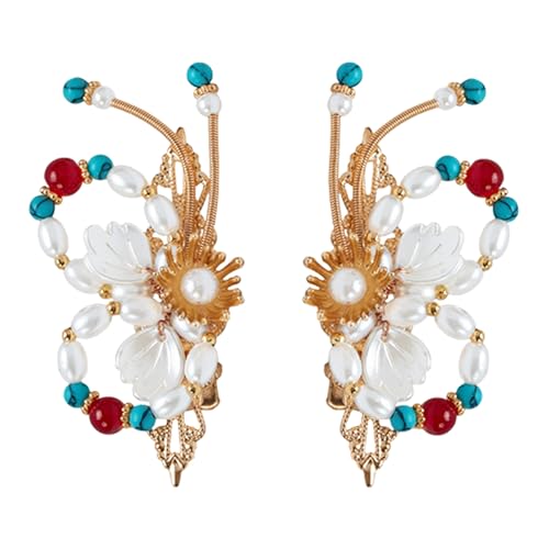 A Pair Wedding Hair Clips, Handmade Floral Design Alligator Crystal Hair Clips Pearl Barrettes, Rhinestones Flower Clips Pearl Headpieces Hair Pins Hair Accessories for Women Girls (Blue&White) - color: Blue&White