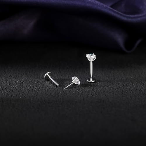 PunkTracker 16g/18g/20g Titanium Steel Threadless Flat Back Cartilage Earrings for Helix/Tragus/Conch/Daith/Earlobe - Nose Studs Lip Rings Labret Monroe Piercing Jewelry for Women Men 2PCS - style: 18g,silver,8mm bar,3mm gem