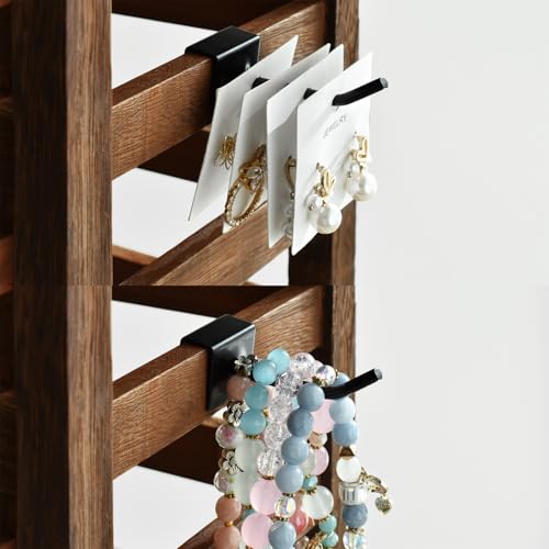 Ikee Design 5 Tiers Free Assemble Wooden Jewelry Display Rack with 20 Removable Metal Hooks,Earring Card Display Stand,Jewelry Organizer,Bracelet Organizer,Keychain Display Stand,Brown Color | Wooden 5 Tiers Jewelry Display Rack with Hooks: Comes with 20