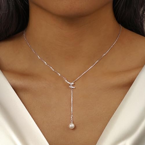 925 Sterling Silver Lariat Necklace for Women | Long 14K Gold Plated Y-Shaped Pearl Necklace CZ Crystal Ball Sparkle Necklace for Mother Daughter Bride Wedding Jewelry - color: Style 1-Sliver
