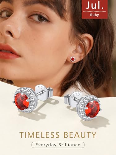 FindChic Birthstone Earrings for Women, Round/Heart/Square/Teardrop Earrings with 925 Sterling Silver Posts & Push Backs, Hypoallergenic Studs with Cubic Zirconia, 12 Months Jewelry with Gift Box - style: 07. July-Ruby (Round)