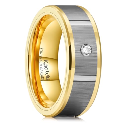 King Will Mens Tungsten Wedding Band with Cubic Zircon Inlay 7mm/8mm Flat Cut Comfort Fit Engagement Rings - color: B-Gunmetal&Gold Inlay-8mm