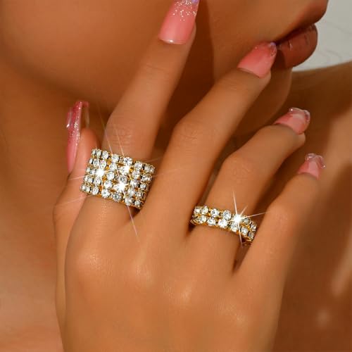 Fashion Silver Bling Rhinestone Crystal Stretch Rings Set for Women | Sparkly Rhinestone Elastic Finger Nail Ring Glitter Stretchy Stack Statement Knuckle Rings Cocktail Jewelry Accessories Pack - color: Gold