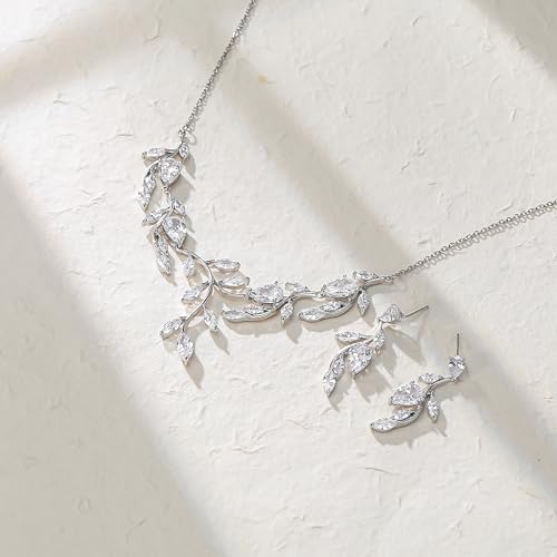 Crysdue Women's Wedding Bridal Jewelry Set for Brides Bridesmaids Cubic Zirconia Flower Leaf Vine Necklace Dangle Earrings for Prom Party - style: 23-silver