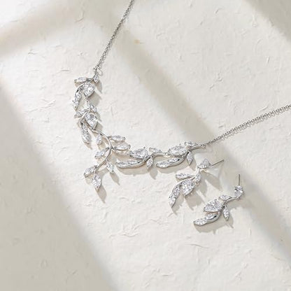 Crysdue Women's Wedding Bridal Jewelry Set for Brides Bridesmaids Cubic Zirconia Flower Leaf Vine Necklace Dangle Earrings for Prom Party - style: 23-silver