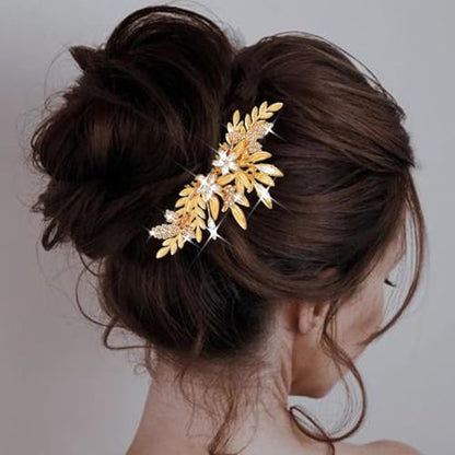 JAKAWIN Gold Hair Accessories Leaf Wedding Hair Piece Bridal Hair Comb | Crystal Hair Clip for Women - color: Gold