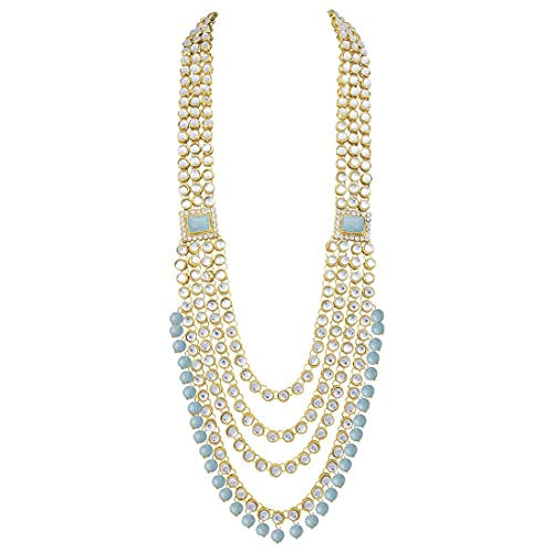 Aheli Traditional Wedding Indian Bharatanatyam jewellery set Long Choker Necklace Earrings Maang Tikka Nath Paasa Hath Phool for Women - color: Sky Blue