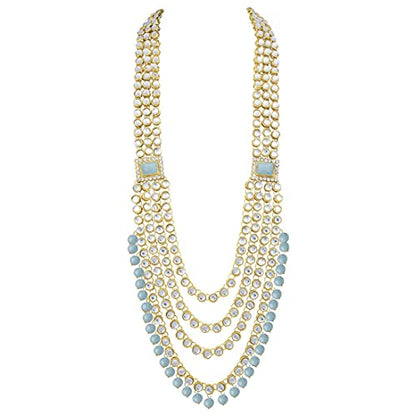 Aheli Traditional Wedding Indian Bharatanatyam jewellery set Long Choker Necklace Earrings Maang Tikka Nath Paasa Hath Phool for Women - color: Sky Blue