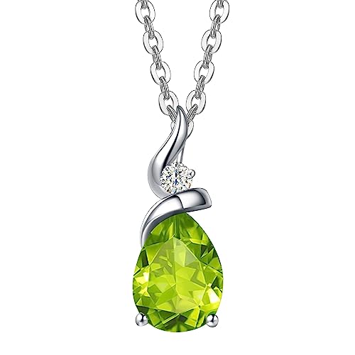 FANCIME 14K Solid White Gold Birthstone Pendant Necklace for Women with Diamond Pear Shaped Teardrop Necklace Birthday Gifts for Mom Women,Sterling Silver Chain 16" + 2" Extender - color: 08-Peridot
