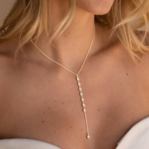 Lariat Necklace for Women, Non Tarnish Dainty Chain Stackable 14K Gold Plated Cute Trendy Layered Necklaces Elegant Jewelry Gift for Women Her - color: Gold, style: CZ