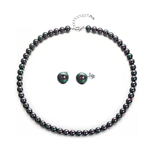 8mm 10mm Faux Pearl Necklace Earrings Set for Women White Black Round Glass Pearl Wedding Jewelry Gifts - color: Black Pearl-Ear Stud Set, size: 8mm
