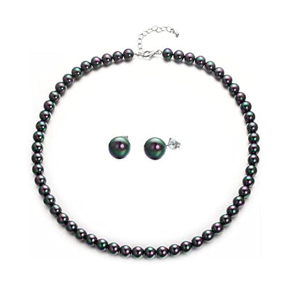 8mm 10mm Faux Pearl Necklace Earrings Set for Women White Black Round Glass Pearl Wedding Jewelry Gifts - color: Black Pearl-Ear Stud Set, size: 8mm