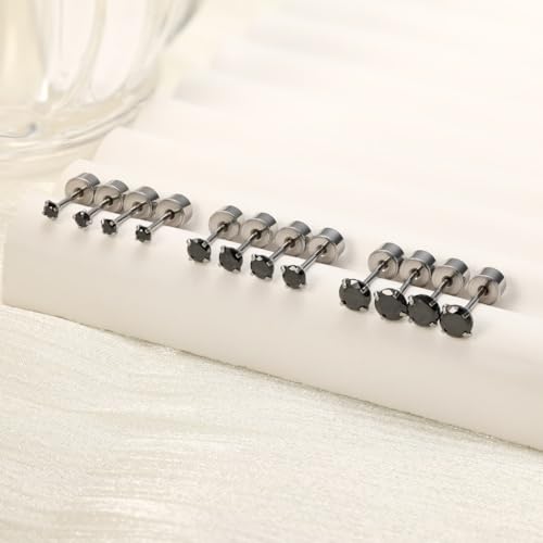 5-6 pairs Push-in Flat Back Stud Earrings Hypoallergenic Surgical Stainless Steel Cubic Zirconia Earrings Studs Set Multi-Pack, CZ Stud Earrings for Women Men Trendy Cartilage Stud Earrings 2-8mm - color: black-2/3/4mm(6pairs)