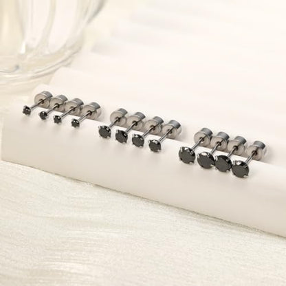 5-6 pairs Push-in Flat Back Stud Earrings Hypoallergenic Surgical Stainless Steel Cubic Zirconia Earrings Studs Set Multi-Pack, CZ Stud Earrings for Women Men Trendy Cartilage Stud Earrings 2-8mm - color: black-2/3/4mm(6pairs)