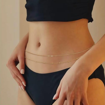 14K Gold Plated Waist Chain for Women, Layered Belly Body Chain | 2Pcs Adjustable Fit, Layered Design, Dainty Chain Styles, Bikini, Dress & Rave Outfits, Beach, Festival & Vacation - color: Gold-Plated 8