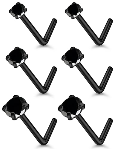 18G 20G 22G Stainless Surgical Steel Titanium Nose Rings Studs for Women L Shaped Nose Rings Screw Nose Studs Nostrial Piercing Jewelry for Women Men Silver Gold Black - style: 18G/Black CZ/L-shaped/Black