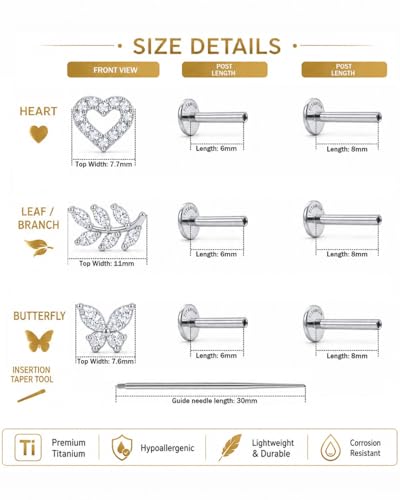 YACHY ASTM F136 G23 Titanium Flat Back Stud Earrings, Internally Threaded Screw-On Hypoallergenic Body Piercing Jewelry for Everyday Wear, Tragus Helix Conch Monroe Medusa Lip, 18G 6mm 8mm - color: Blooming Love--3pcs+3bar--Silver, size: 6mm+8mm