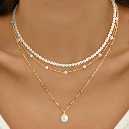 Pearl Necklaces for Women Trendy, 18K Gold/Silver Plated Layered Pearl Necklaces Dainty Pearls Choker Necklace and Earring Set Birthday Gifts for Mom Wife Daughter Sister Friends - color: Gold Pearl Necklace-3pcs