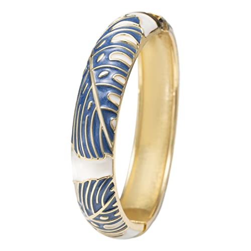 Hawaiian Monstera Luau Leaves Hinged Clasp Fashion Enamel Bangle Bracelet - color: Sapphire Blue