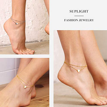 Stainless Steel Heart Ankle Bracelet for Women, Dainty Adjustable Double Layered Chain Anklets