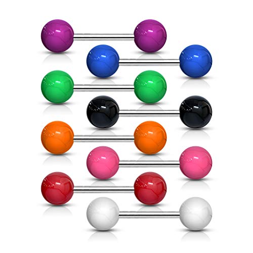Forbidden Body Jewelry 14 g 16 mm Stainless Steel Nipple or Tongue Ring Barbell Set with Acrylic Balls (Choose Color) - style: White
