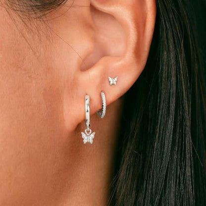 3 Pairs Earring Stacks, Gold Earring Set Jewelry Gift for Women | Small, 14K Gold/White Gold/Black/Rose Gold Plated, Hypoallergenic, Her, Everday, Stackable, Simple, 3 Holes - color: Silver-Butterfly
