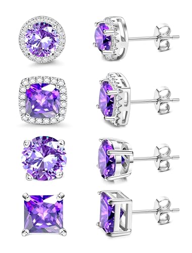 MILACOLATO S925 Sterling Silver Stud Earrings for Women Men Hypoallergenic 18K Gold Plated Cubic Zirconia Earrings Studs Brilliant Simulated Diamond Halo Earring for Sensitive Ears - style: 18K White Gold Plated - Purple CZ
