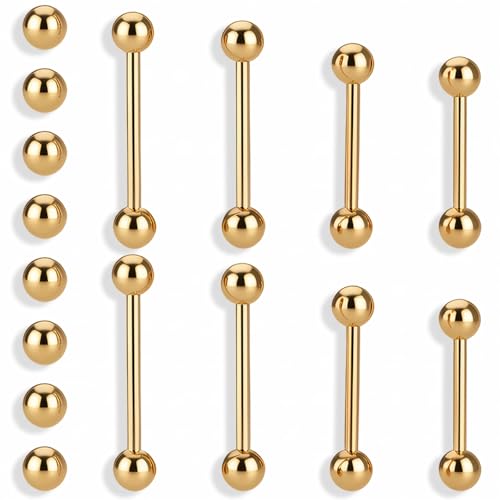 Gold Tongue Ring, 8Pcs 14G Stainless Steel Straight Nipple Barbells | Short Long Tongue Rings Gold Bridge Piercing Jewelry for Women Men, 12/14/16/18mm