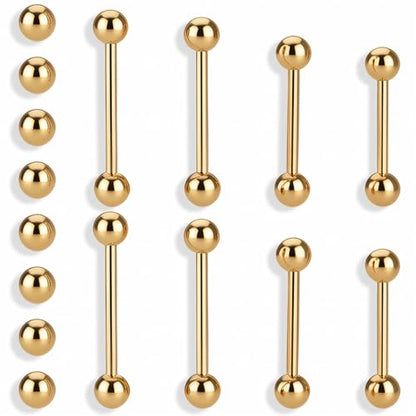 Gold Tongue Ring, 8Pcs 14G Stainless Steel Straight Nipple Barbells | Short Long Tongue Rings Gold Bridge Piercing Jewelry for Women Men, 12/14/16/18mm