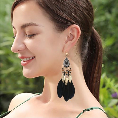Dreuyet Boho Long Feather Drop Dangle Earrings for Women Retro Bohemian Ethnic Fringe Multicolor Tassel Feather Earring Handmade Statement Dream Catcher Earrings Jewelry - color: Black Teardrop