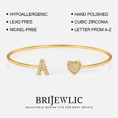 Gold Bracelets for Women Teen Girls, 14K Gold Plated Initial Heart Bangle | Adjustable Open Cuff Bracelet, Dainty Letter Jewelry, Daughter Sister Bridesmaid Friend, Birthday Christmas Graduation Gift - color: C.