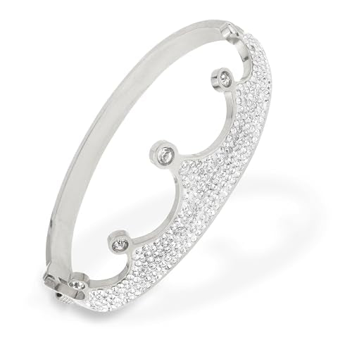 14k Gold Plated Cubic Zirconia Bangle Classic Bracelets for Woman, Sparkly Rhinestones Crown Bangle Stainless Steel Stackable Cuff Bracelet Trendy Statement Jewelry Gifts - color: SilverCrown
