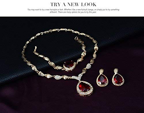 Womens Luxury Africa Dubai 18k Gold Plated Jewelry Sets Wedding Rhinestone Crystal Bib Statement Necklace Earrings Set for Brides Party Prom - color: Red