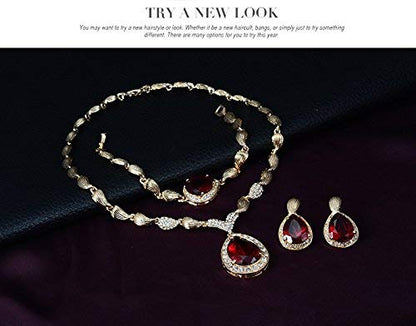 Womens Luxury Africa Dubai 18k Gold Plated Jewelry Sets Wedding Rhinestone Crystal Bib Statement Necklace Earrings Set for Brides Party Prom - color: Red