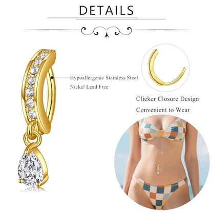 MODRSA Dangle Belly Button Ring Dangling Silver Gold Dangly Belly Piercing Jewelry Hypoallergenic Surgical Steel Butterfly Flower Navel Rings for Women Clicker Navel Piercings Pink - color: B2-Dangle Trendy 2pcs -gold