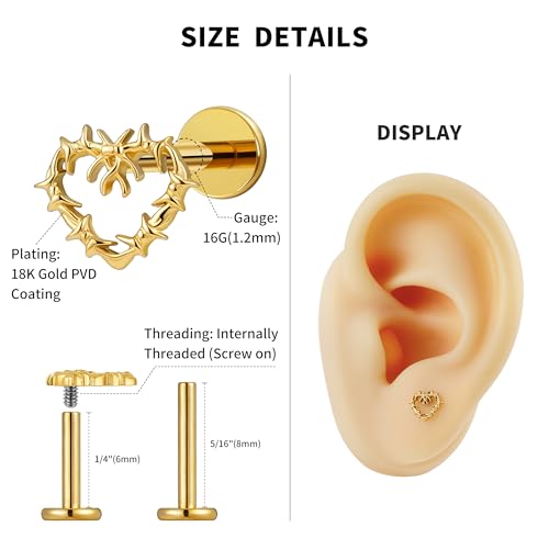 Hollow Heart Piercing Jewelry Collection - ASTM F136 Titanium Internally Threaded Flat Back Stud for Cartilage, Helix, Conch - color: Spiked Heart - Gold