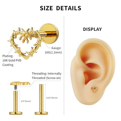 Hollow Heart Piercing Jewelry Collection - ASTM F136 Titanium Internally Threaded Flat Back Stud for Cartilage, Helix, Conch - color: Spiked Heart - Gold