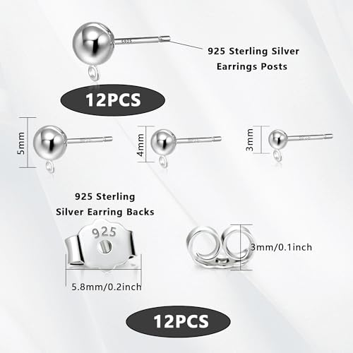 925 Sterling Silver Earrings Making Posts Ball Studs with Loop Ear Backs | Hypoallergenic 3/4/5mm Ball/Flat Stud Post Replace Butterfly Ear Backs for Dangle Charm Pendant Earring Jewelry Making Set - color: Ball_Silver