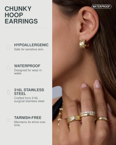 PAVOI Waterproof Hoop Earrings for Women, 14K Gold Plated Chunky Earrings | Statement Huggie Hoops - Stainless Steel Dome, Square, Twisted Earrings Bold Jewelry - color: White Gold