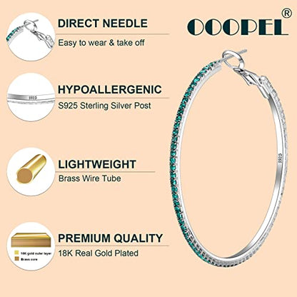 925 Sterling Silver Earrings Large Rhinestone Hoop Earrings Big Cubic Zirconia Hoop Earrings Thin Rhinestones Round Hoop Earrings for Women 20/30/40/50/60/70mm Sparkly Hoops With Crystals for Womens - color: green,50mm