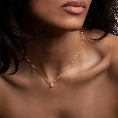 Gold Necklace for Women, 14k Gold Plated Cubic Zirconia Solitaire Pendant Necklace Waterproof Formal Necklaces for Women Cute Simple Necklaces Trendy Gold Jewelry Non Tarnish - color: Gold-oval cz